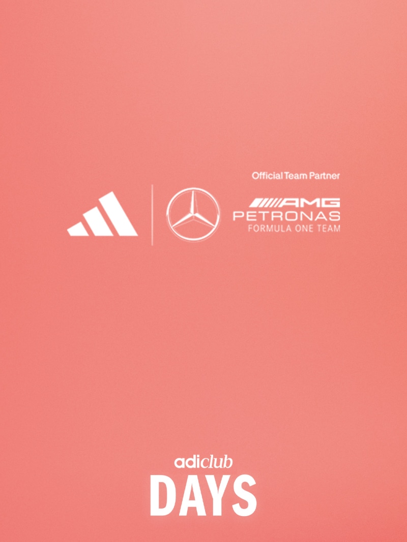 The image features the logos of Adidas, Mercedes-Benz, and Adiclub Days against a vibrant coral background.