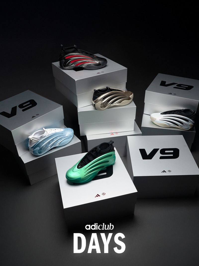 The image showcases various Adidas V9 sneaker models displayed on white cubes against a dark background, with the "Adiclub DAYS" branding prominently featured.