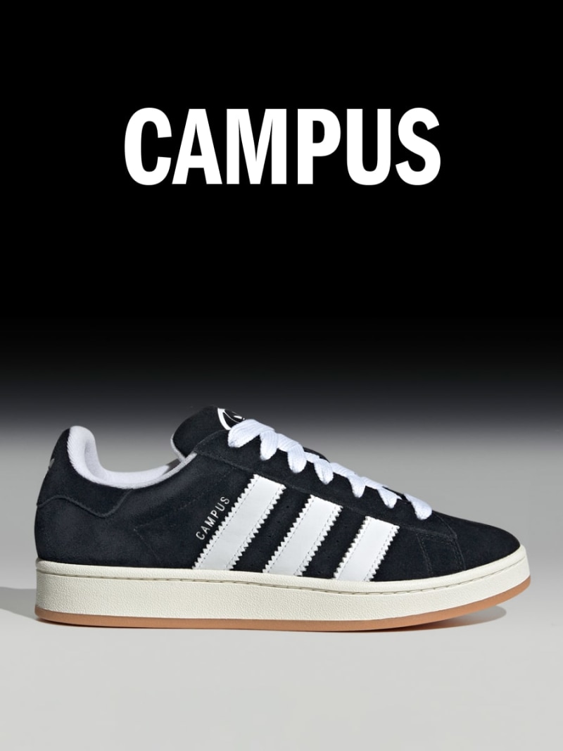 A pair of black and white Adidas sneakers with the word "CAMPUS" prominently displayed in the background.