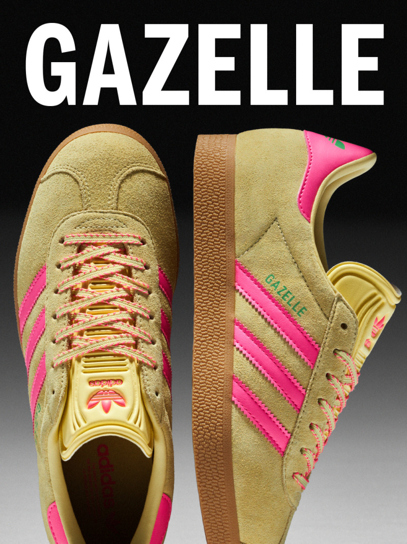 The image shows a pair of beige and pink sneakers with the word "GAZELLE" prominently displayed on them.