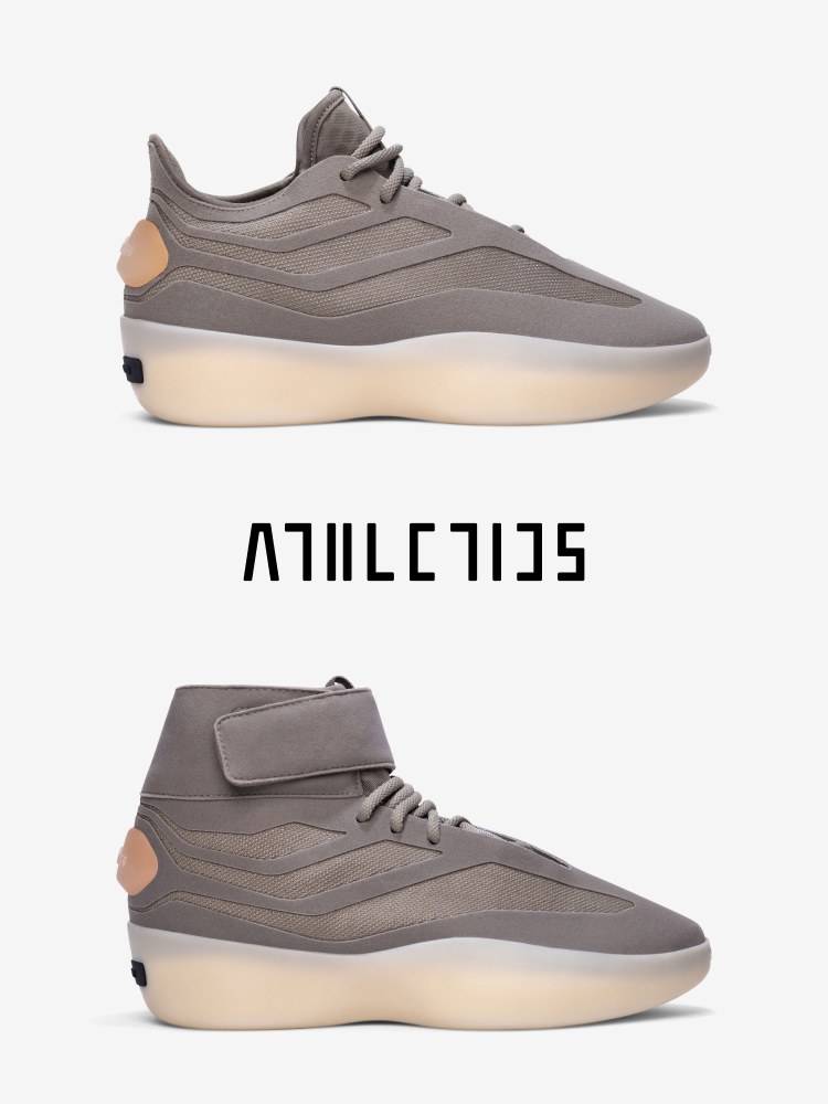 The image shows a pair of gray sneakers with a distinctive sole design and a minimalist logo on the side.