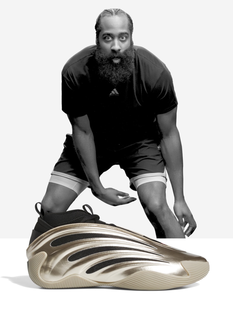 James Harden in playing position, with silvery basketball shoe superimposed