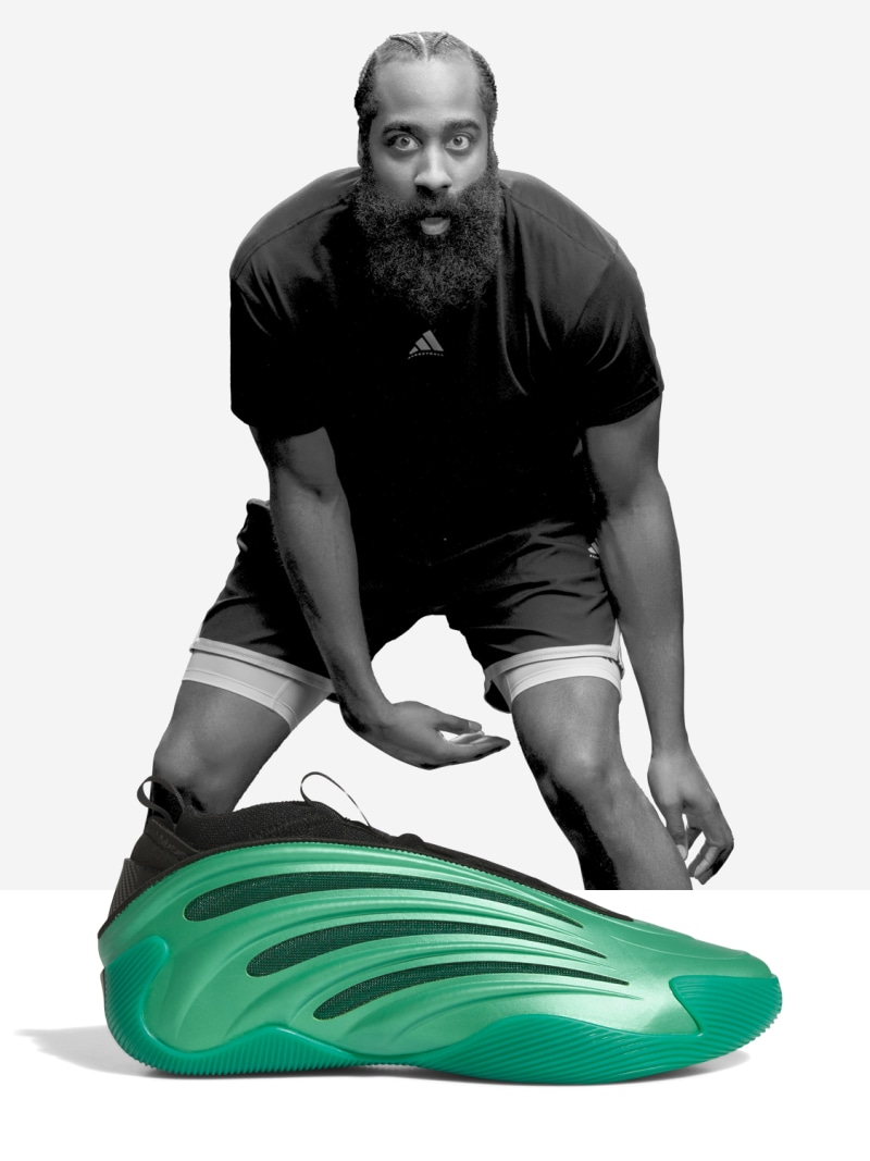 James Harden in playing position, with green basketball shoe superimposed