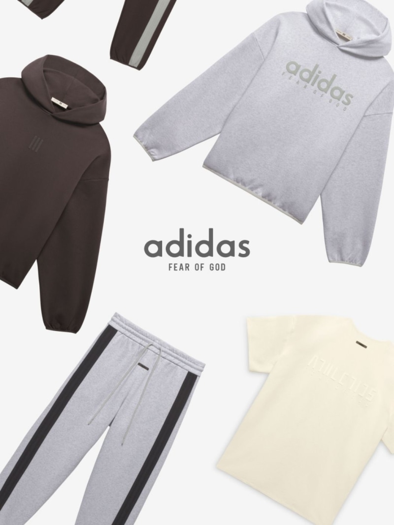 The image displays various Adidas clothing items, including a gray sweatshirt with the brand's logo and the text "Fear of God", as well as black and gray athletic pants.