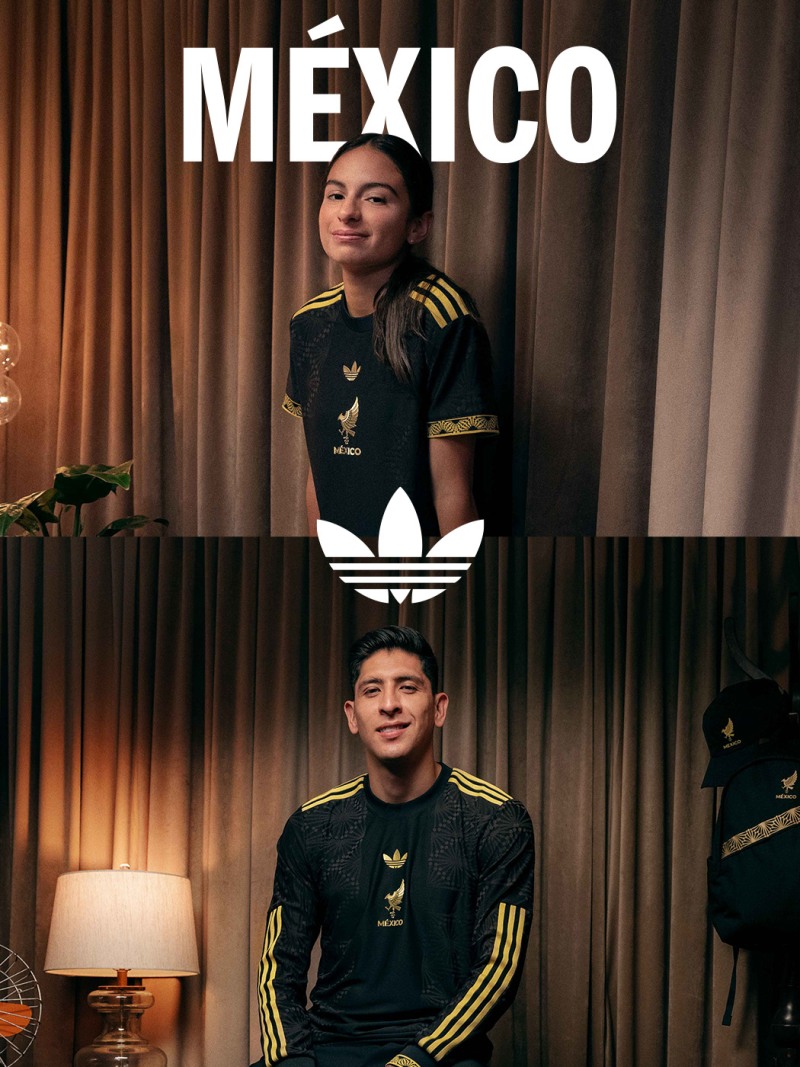 The image shows two people, a woman and a man, wearing black and gold Adidas jerseys with the Mexico logo, standing in front of a large "MÉXICO" sign against a curtained backdrop.
