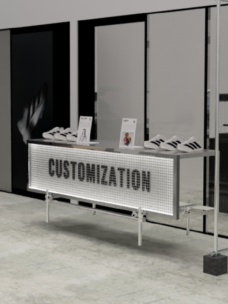 A display counter with the word "CUSTOMIZATION" prominently displayed, surrounded by various products and a dark, minimalist background.