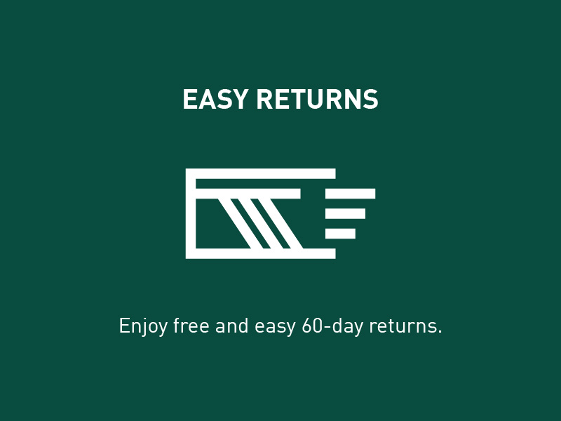 The image features the text "EASY RETURNS" in large white letters against a dark green background, along with a simple graphic icon depicting a stack of books or documents. The text below the main message states "Enjoy free and easy 60-day returns."