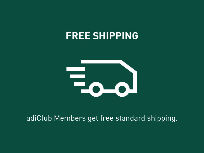The image displays a green background with a white icon of a delivery truck, accompanied by the text "FREE SHIPPING" and "adiClub Members get free standard shipping."