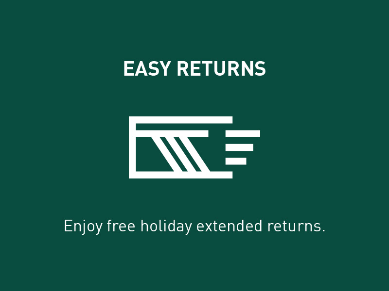 The image displays the text "EASY RETURNS" against a dark green background, along with an icon depicting a stack of books or documents. The text below the icon states "Enjoy free holiday extended returns."
