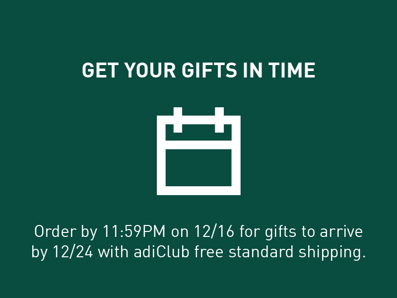 The image displays a green background with white text that reads "GET YOUR GIFTS IN TIME" and an icon of a calendar, indicating a deadline for ordering gifts to arrive by a certain date with free standard shipping.