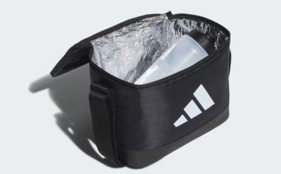A black insulated lunch bag with a white logo on the front, sitting on a plain white background.