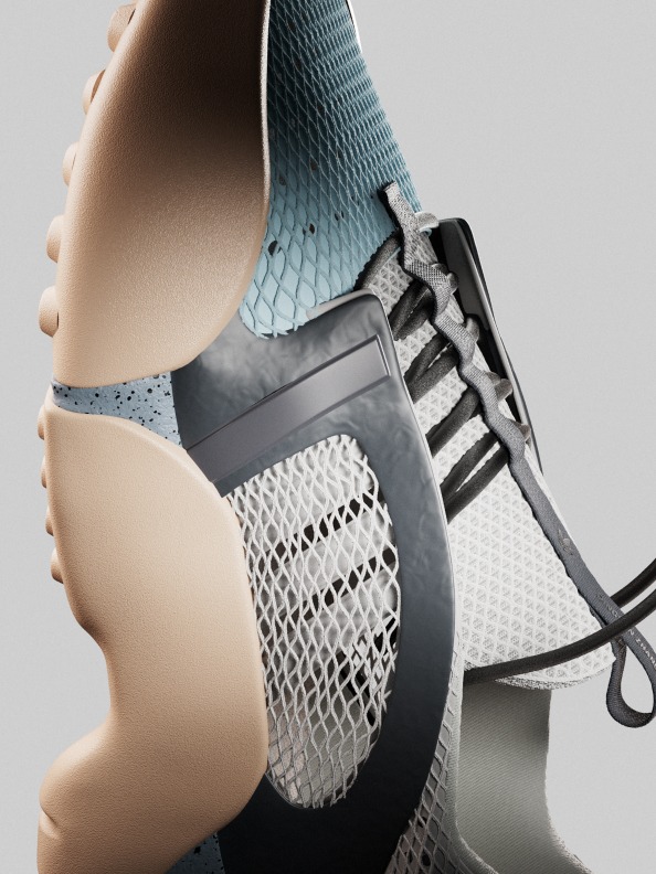 A close-up of the white, beige, and blue adidas Originals by Dingyun Zhang Kouza sneaker.