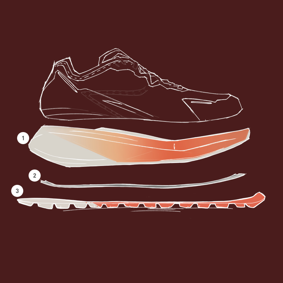 Illustrated product deconstruction showing the layers of the Agravic 3 shoe.