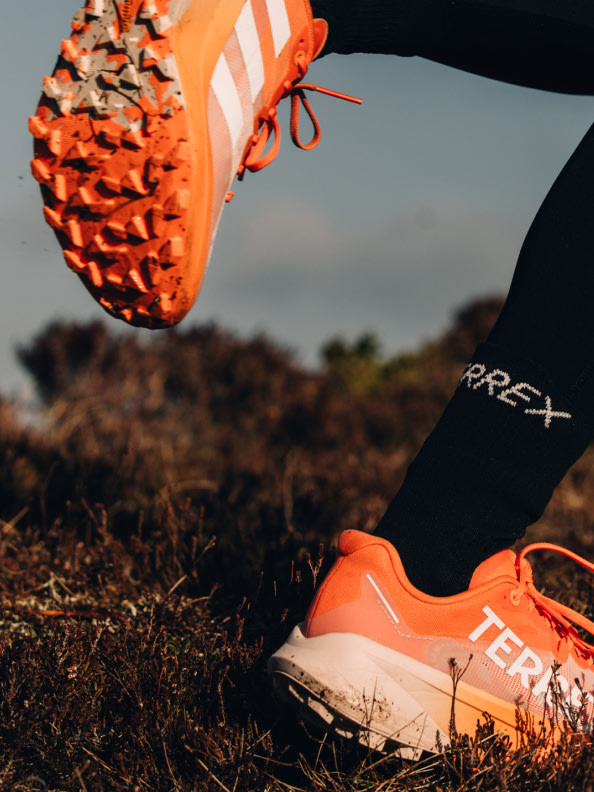 In-action Close up image of the Terrex Agravic 3  on rugged terrain