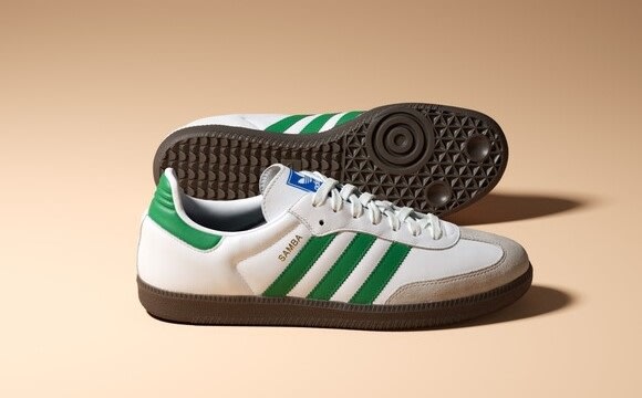 A close-up of the adidas Originals Samba shoe is shown.