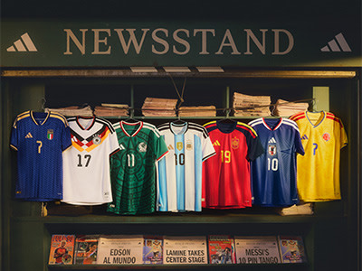 The image shows a display of various soccer jerseys from different national teams, arranged on a shelf in front of a "Newsstand" sign.