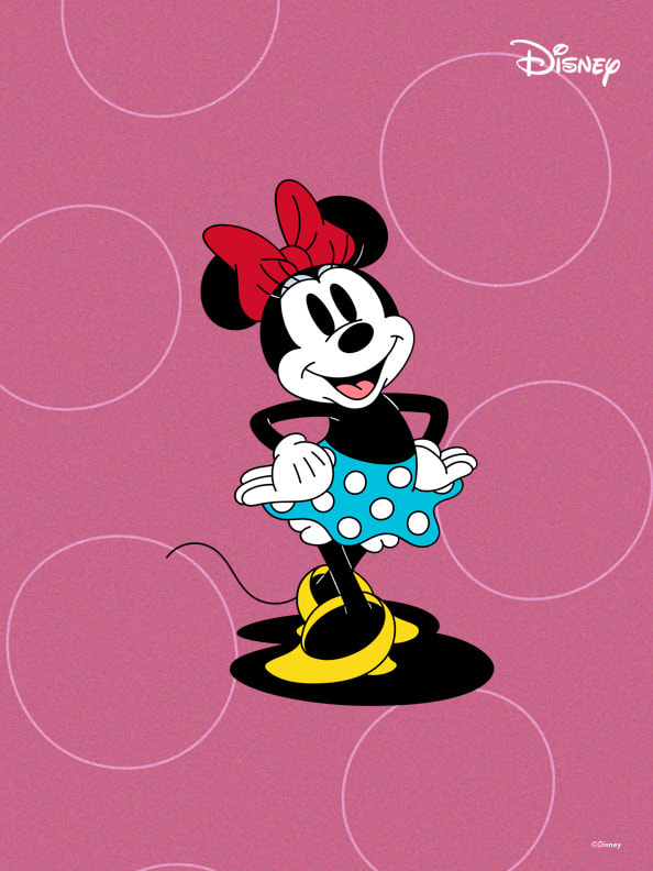 A cheerful Minnie Mouse character stands on a pink background with white circular patterns.