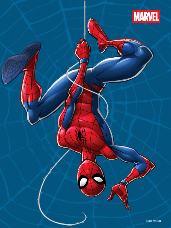 A vibrant and dynamic illustration of the iconic Marvel superhero Spider-Man, swinging through a web-filled blue background.