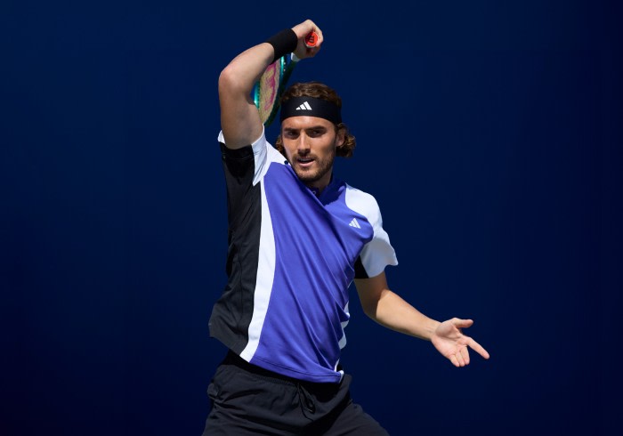 GIF of Caroline Wozniacki, Stefanos Tsitsipas, Elina Svitolina, Camilla Osorio, Felix Auger Aliassime, Jessica Pegula, Maria Sàkkari, Alejandro Fokina, and , Xinyu Wang playing tennis in the New York Collection.