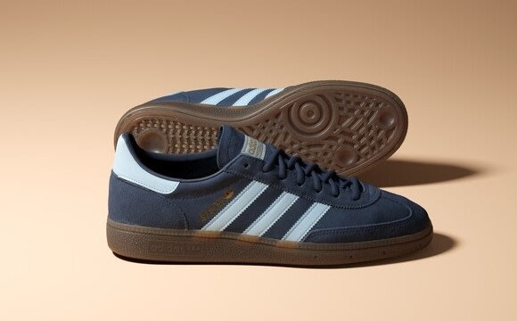 Three people, pictured from the waist down, posing outside in black and white adidas Samba shoes.