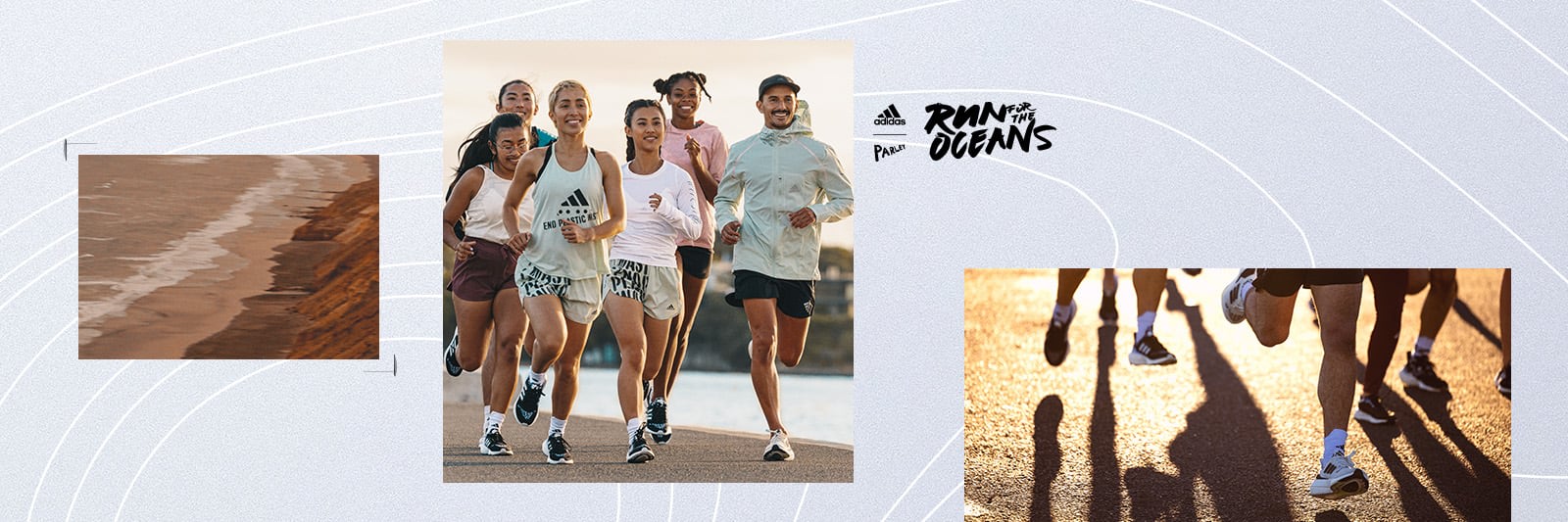 Un gruppo di runner che indossano abbigliamento sportivo adidas viene catturato in movimento sullo sfondo di un paesaggio desertico.