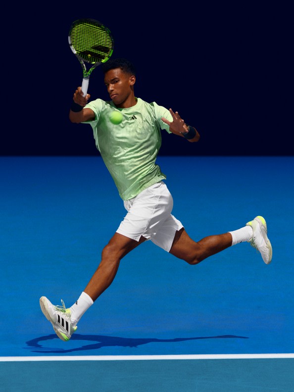 Felix Auger Aliassime playing tennis in the new Melbourne collection. 