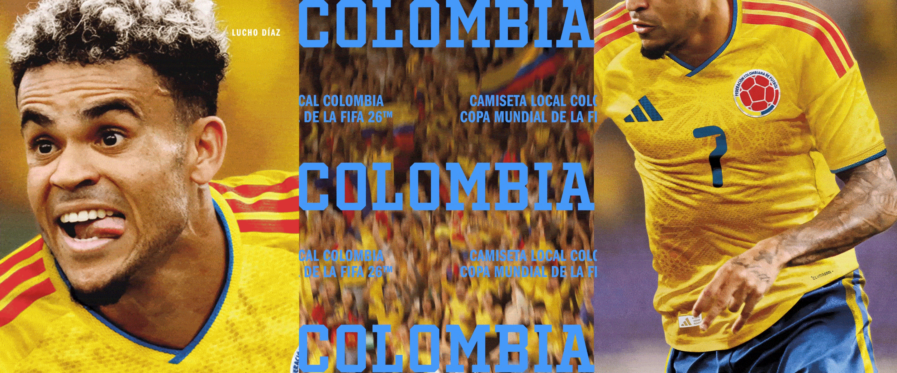 The image features a close-up of a person's face, likely a soccer player, with a yellow jersey and the word "Colombia" prominently displayed in the background.