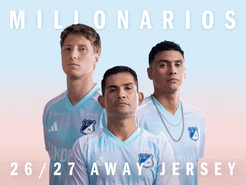The image features three men wearing soccer jerseys with the text "Millonarios" and "26/27 Away Jersey" prominently displayed. The background has a gradient effect, transitioning from a light blue to a soft pink.