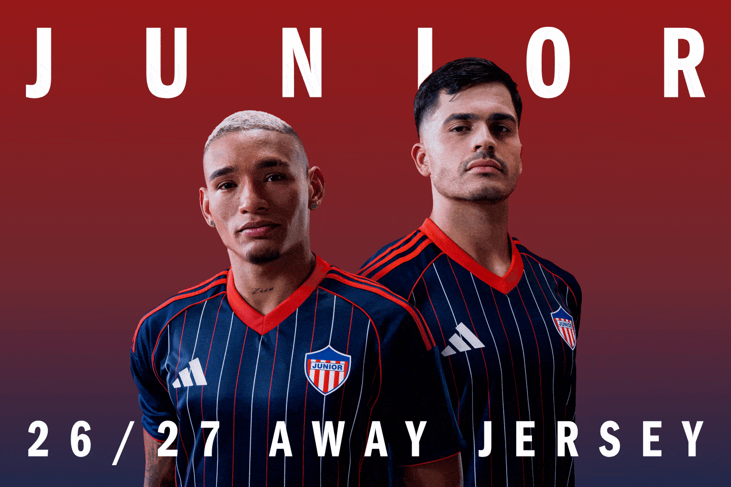 The image features two individuals wearing a navy blue and red soccer jersey with the word "JUNIOR" prominently displayed. The background is a solid red color, creating a bold and striking visual contrast.