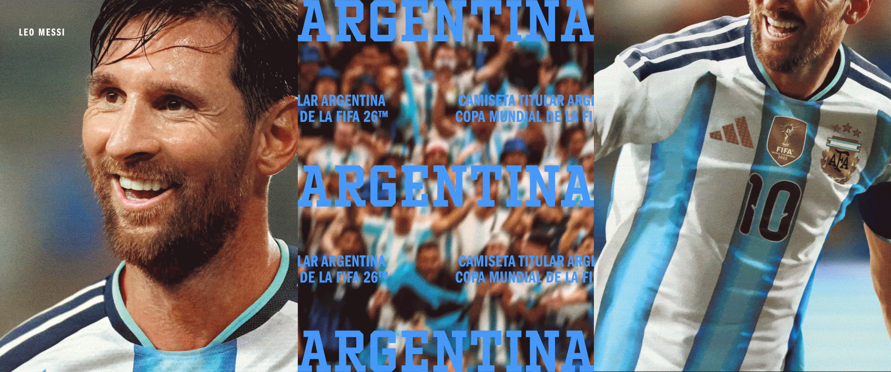 The image shows a close-up of a smiling man with a beard wearing an Argentina soccer jersey, with the background featuring Argentina-themed banners and flags.