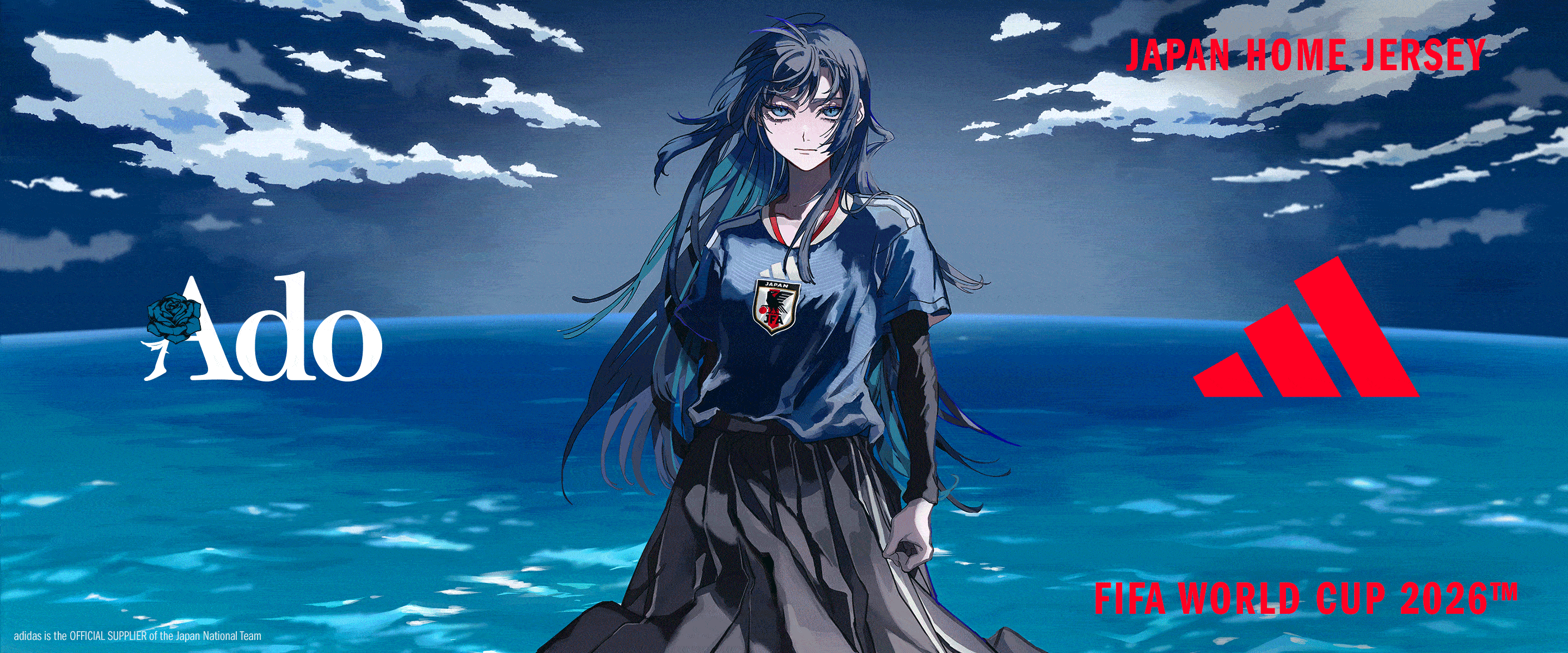 A dark-haired figure stands in the foreground, surrounded by a vast ocean and cloudy sky in the background.