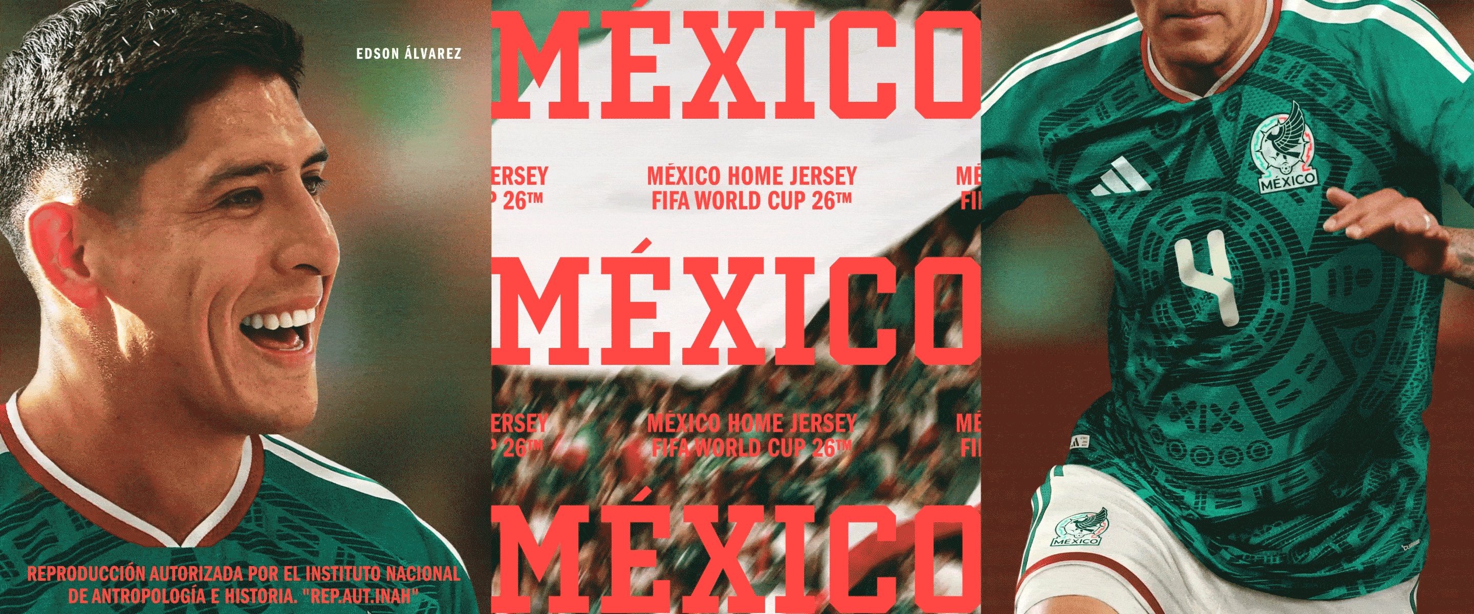 The image features a close-up of a smiling man wearing a green Mexico soccer jersey, with the word "Mexico" prominently displayed in the background along with other text related to the Mexico national soccer team.