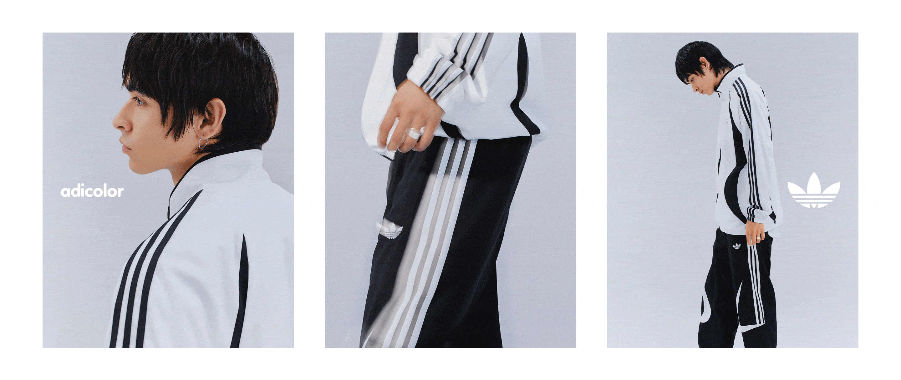 The image features a person wearing a white and black striped jacket, with a close-up view of their face and hands, as well as a full-body shot showcasing the outfit.