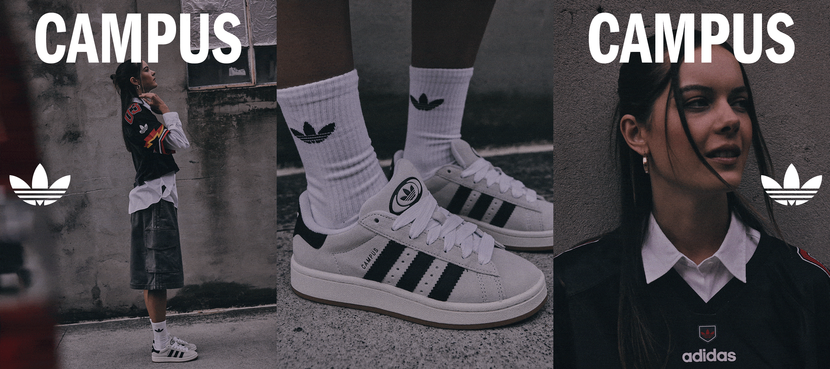 The image shows a person wearing white Adidas sneakers and socks standing in front of a campus-themed backdrop with the word "CAMPUS" prominently displayed.