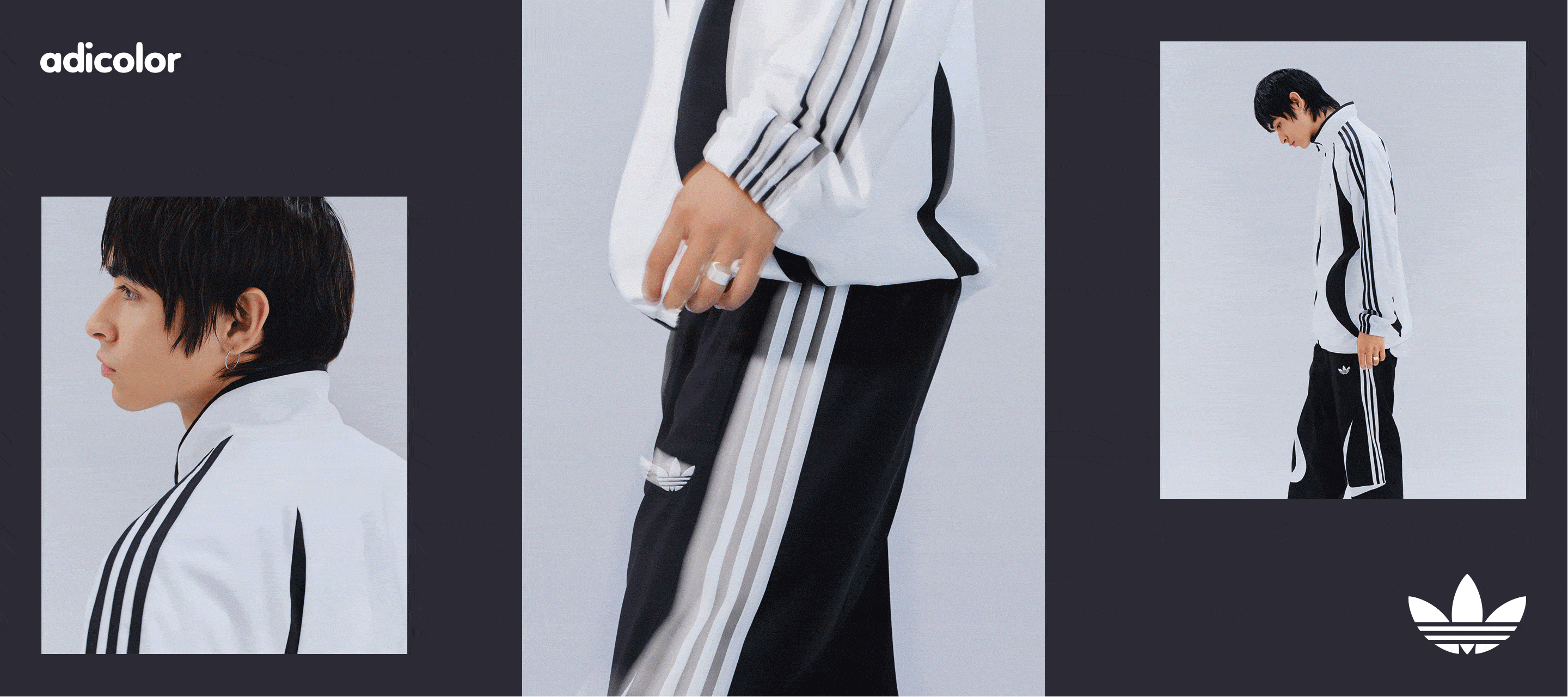 The image features a person wearing a white and black outfit, with a long, flowing garment and dark pants. The background is a dark, solid color, creating a minimalist and high-contrast visual composition.