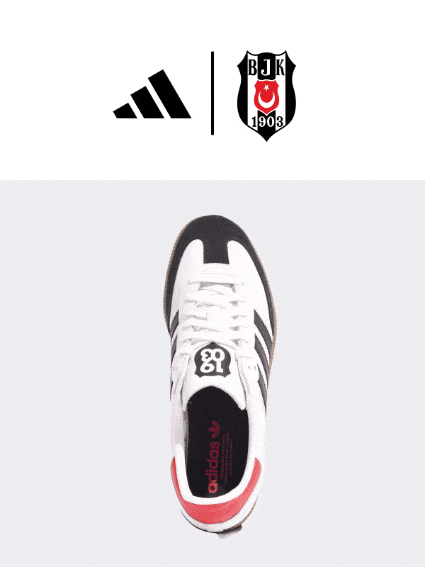 The image shows the Adidas logo and the Beşiktaş football club logo in the background, with a white and black sneaker in the foreground.