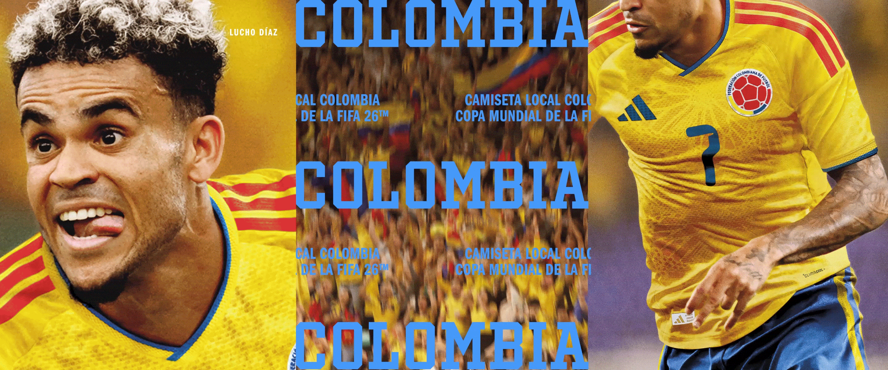 The image features a close-up of a person's face, likely a soccer player, with a yellow jersey and the word "Colombia" prominently displayed in the background.
