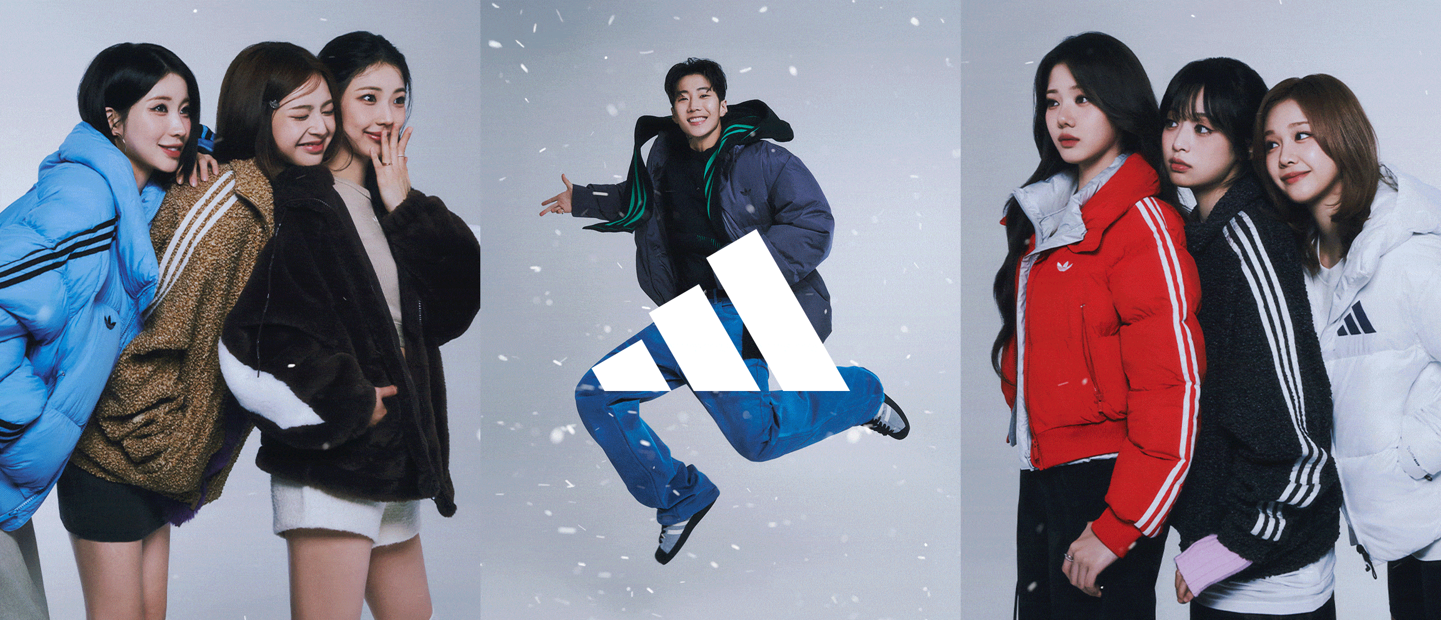 The image depicts a group of young women in winter attire, standing against a snowy backdrop with snowflakes falling around them.