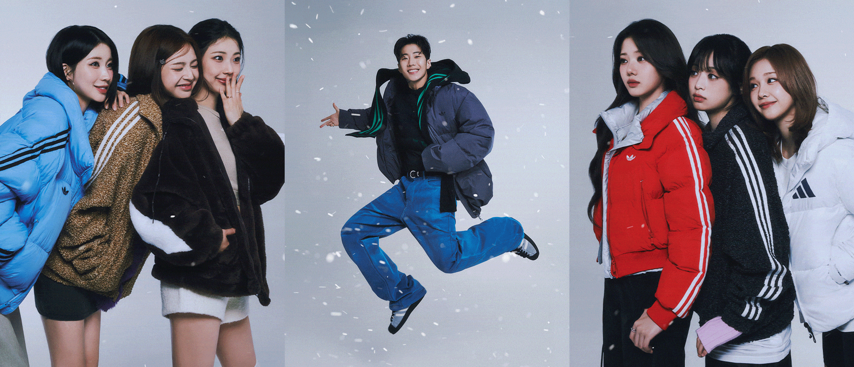 The image depicts a group of young women in various winter outfits, including coats, jackets, and sweaters, posing against a snowy background with falling snowflakes.