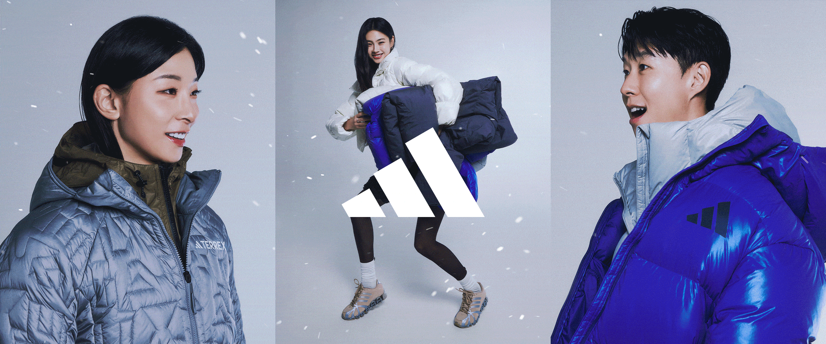 The image features three individuals wearing stylish winter attire, including coats and boots, against a plain background with a snowy effect.