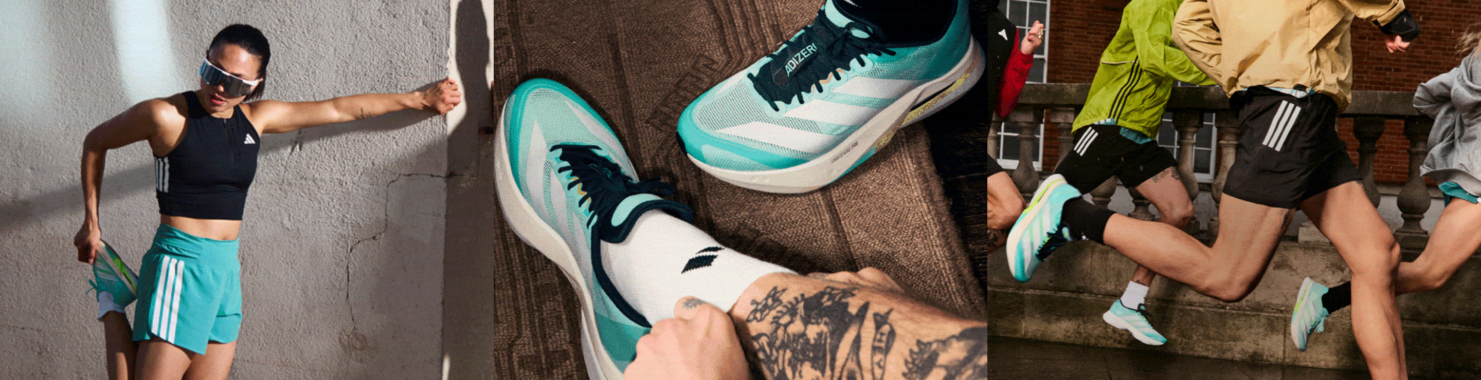 A pair of teal and white athletic shoes with a tattoo-covered hand in the foreground, set against a brown background.