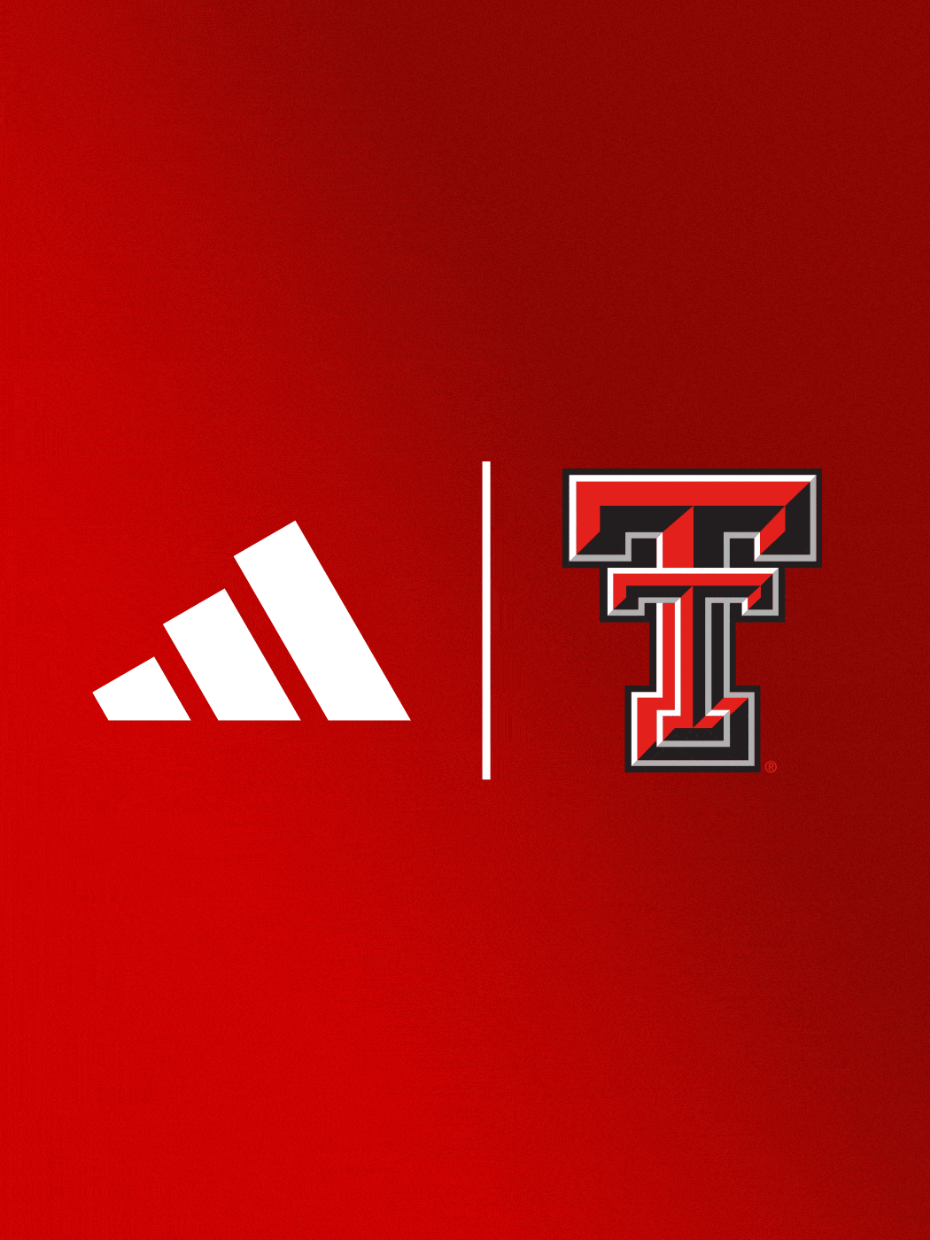 The image features the Adidas logo and the Texas Tech University logo against a solid red background.