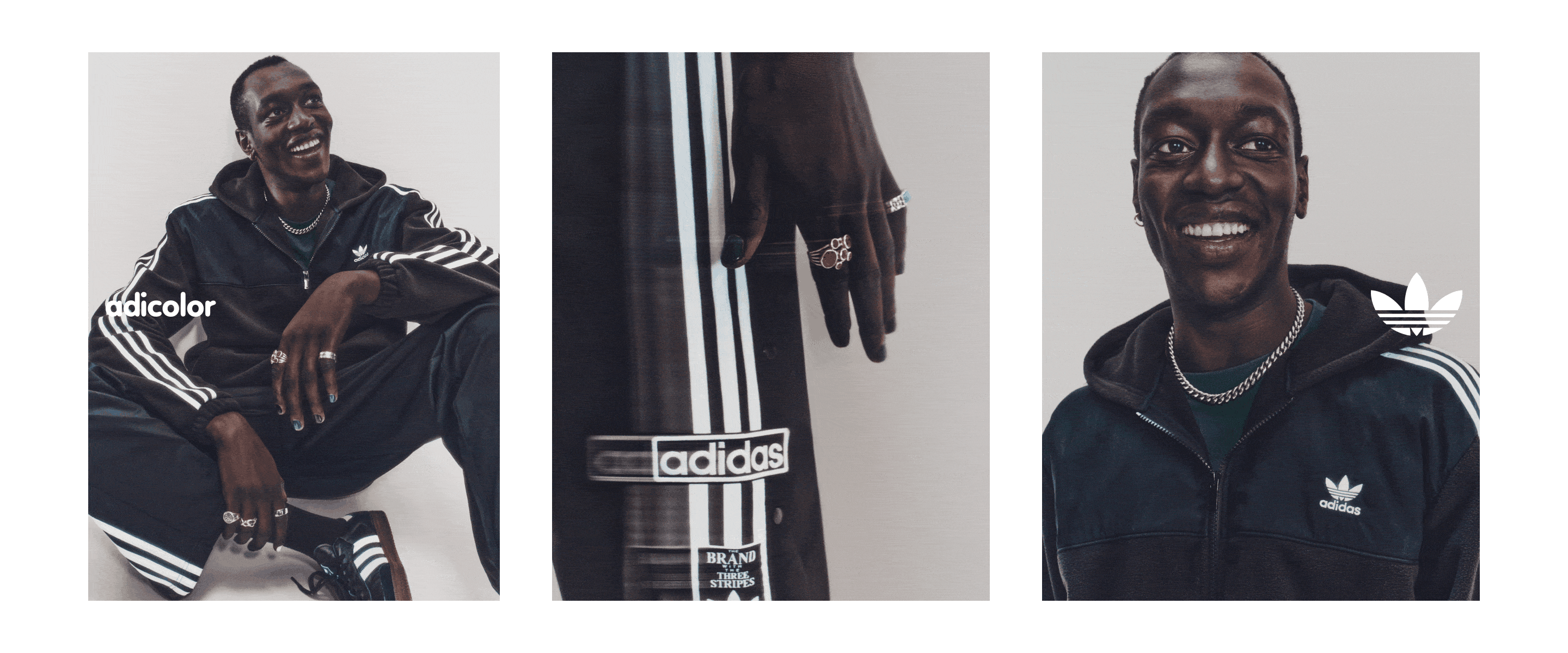 Collage of a person in an Adidas tracksuit; one full-body shot, a close-up of a hand with rings, and a headshot.