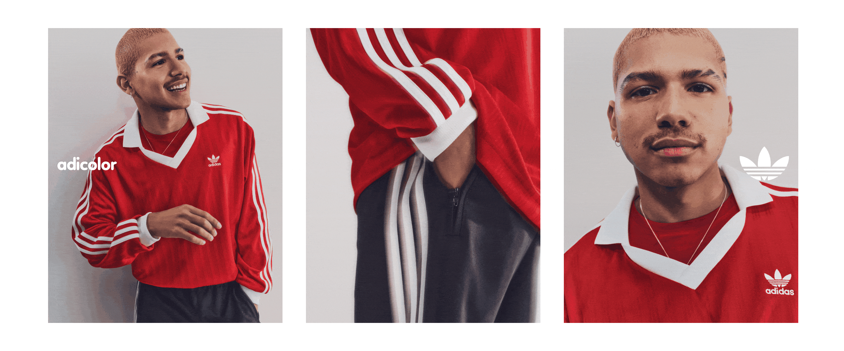 Series of three images showing a smiling person in a red Adidas track jacket: full, mid-section, and portrait.