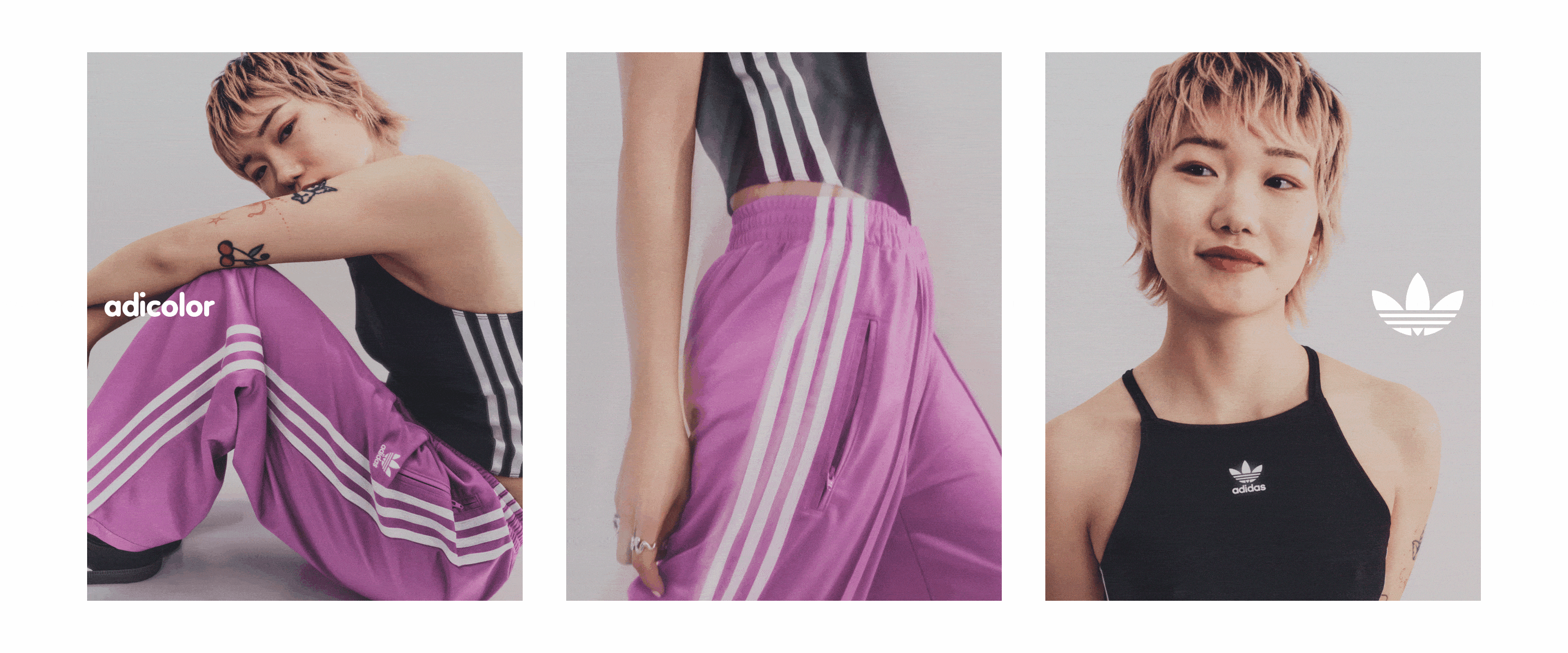 Three-panel image showing person in Adidas attire: crouching in purple track pants, mid-section close-up, and headshot in a black tank top.