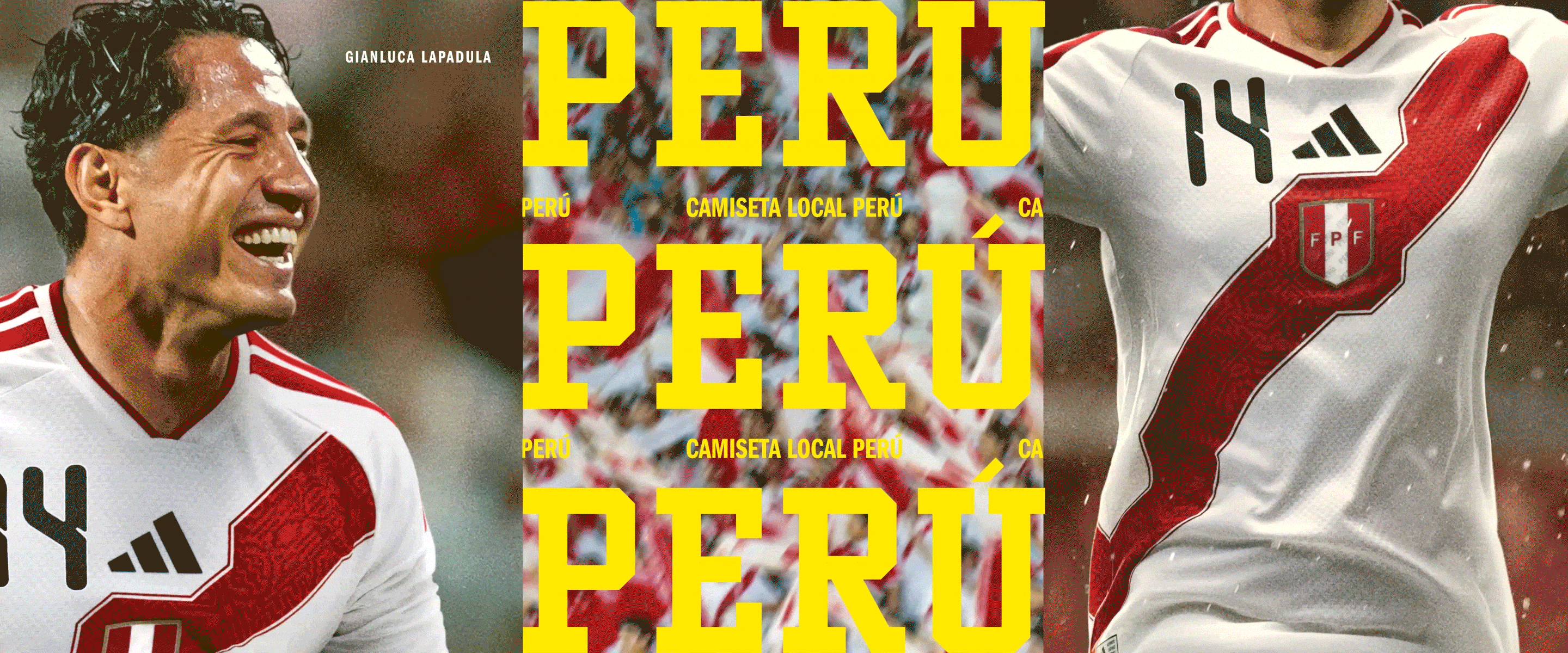 The image shows a close-up of a man's face, likely a soccer player, wearing a red and white jersey with the word "PERU" prominently displayed. The background features additional jerseys or posters with the same "PERU" text, suggesting a sports or team-related context.