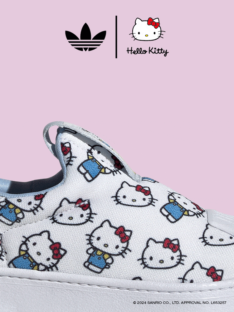 The image features a white sneaker with a repeating pattern of the iconic Hello Kitty character, set against a light pink background that includes the Adidas logo and the Hello Kitty brand name.
