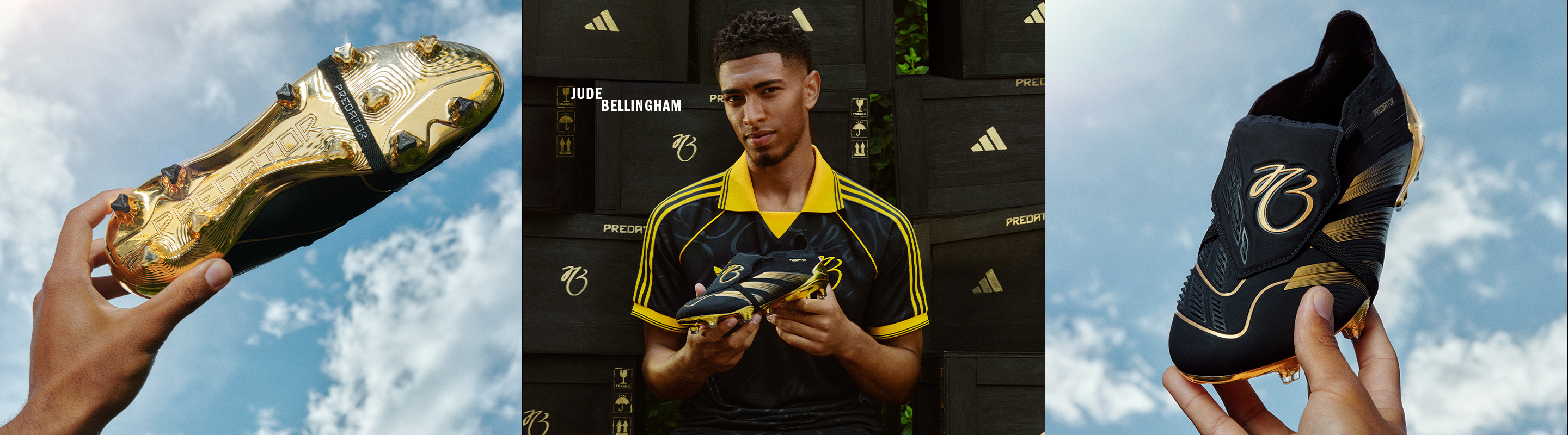 The image shows a person wearing a yellow and black sports jersey, holding a soccer ball in front of a backdrop featuring the Adidas logo and other sports-related imagery.