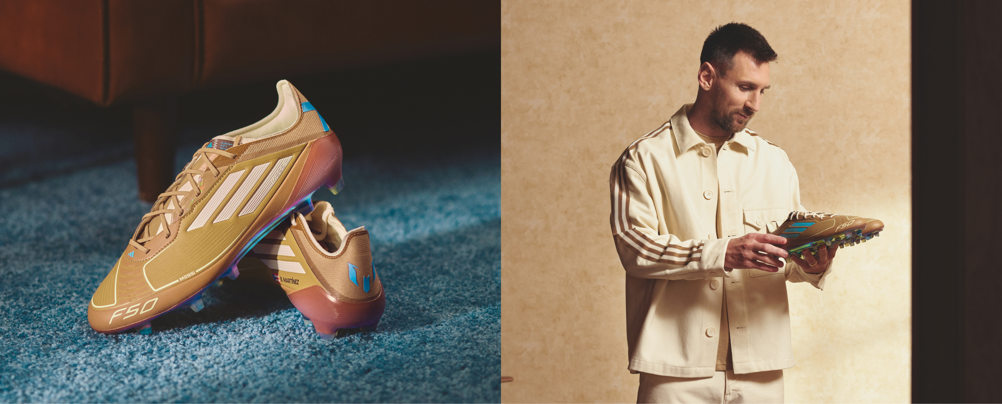 A pair of colorful soccer cleats rests on a blue carpet, while a man in a beige trench coat stands in the background, holding a soccer ball.