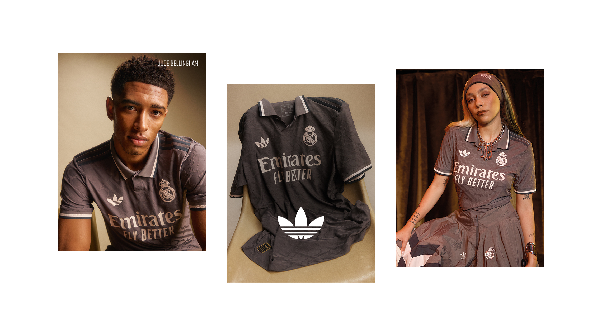 Visual composition featuring male and female players wearing the new Real Madrid 24/25 third Kit